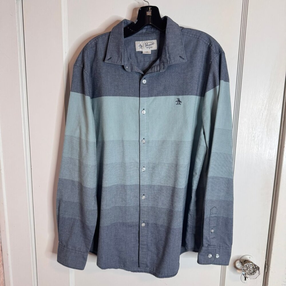 Penguin By Munsingwear Long Sleeve Collared Button Up Shirt Blue Stripe Sz L